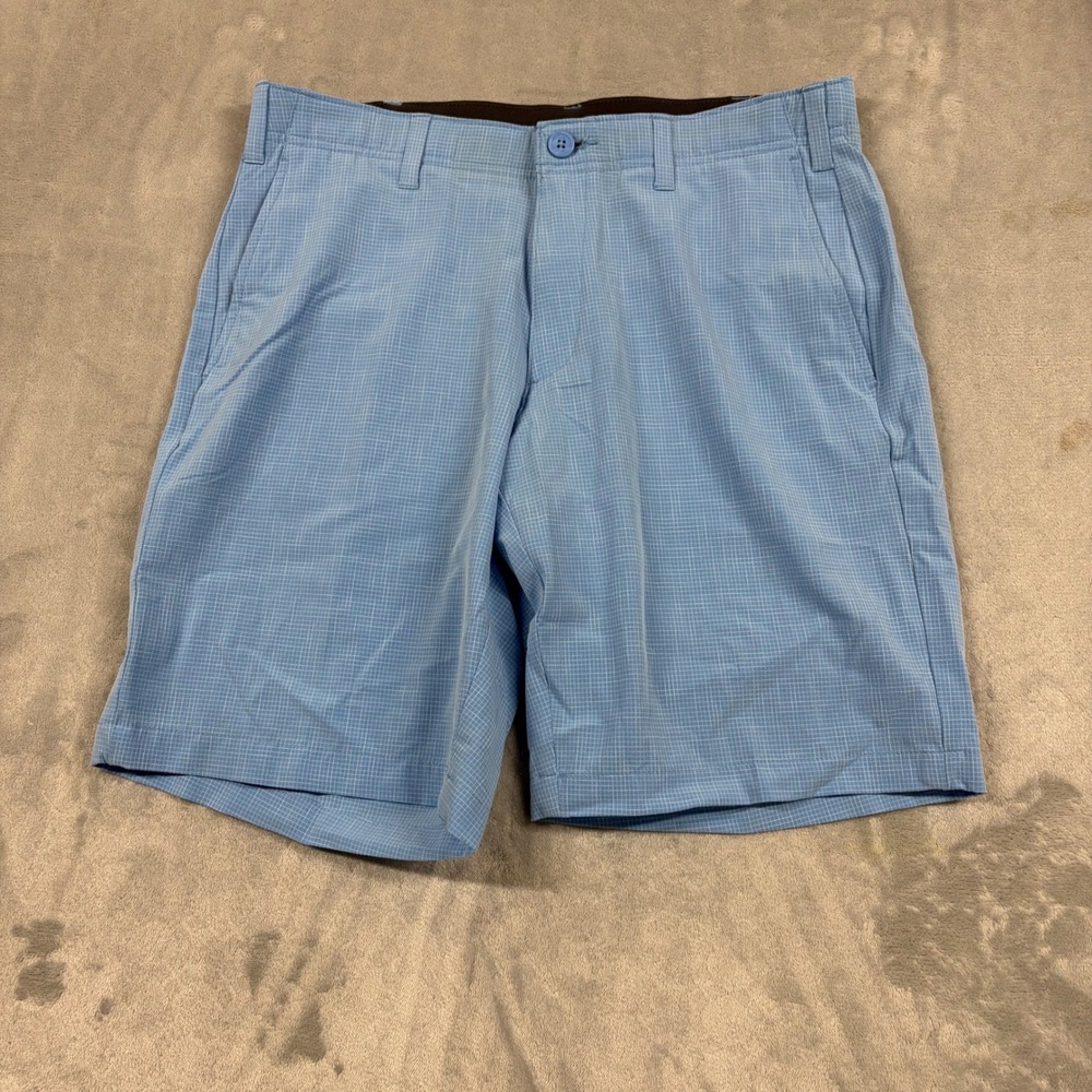 BCG Mens Golf Shorts 32W Blue Grid Pattern Performance Flat Front Activewear‎